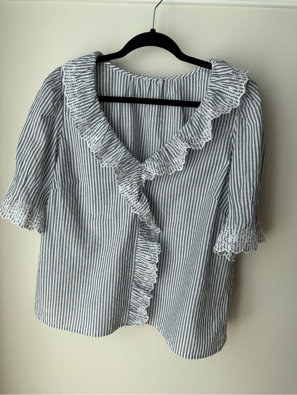 J. Crew Navy and White Striped Ruffle-Trim Blouse